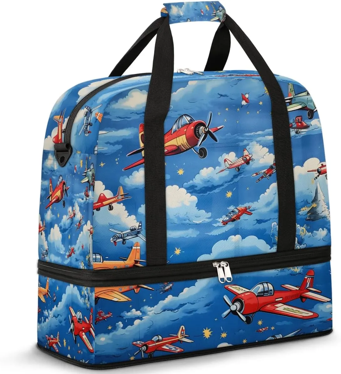 Sports Duffel Bag, Foldable Aircraft Airplane Printed Travel Duffel Bag, Gym Yoga Beach Bag Weekender Overnight Bag with Shoes Compartment for Men Women, Vintage Airplane