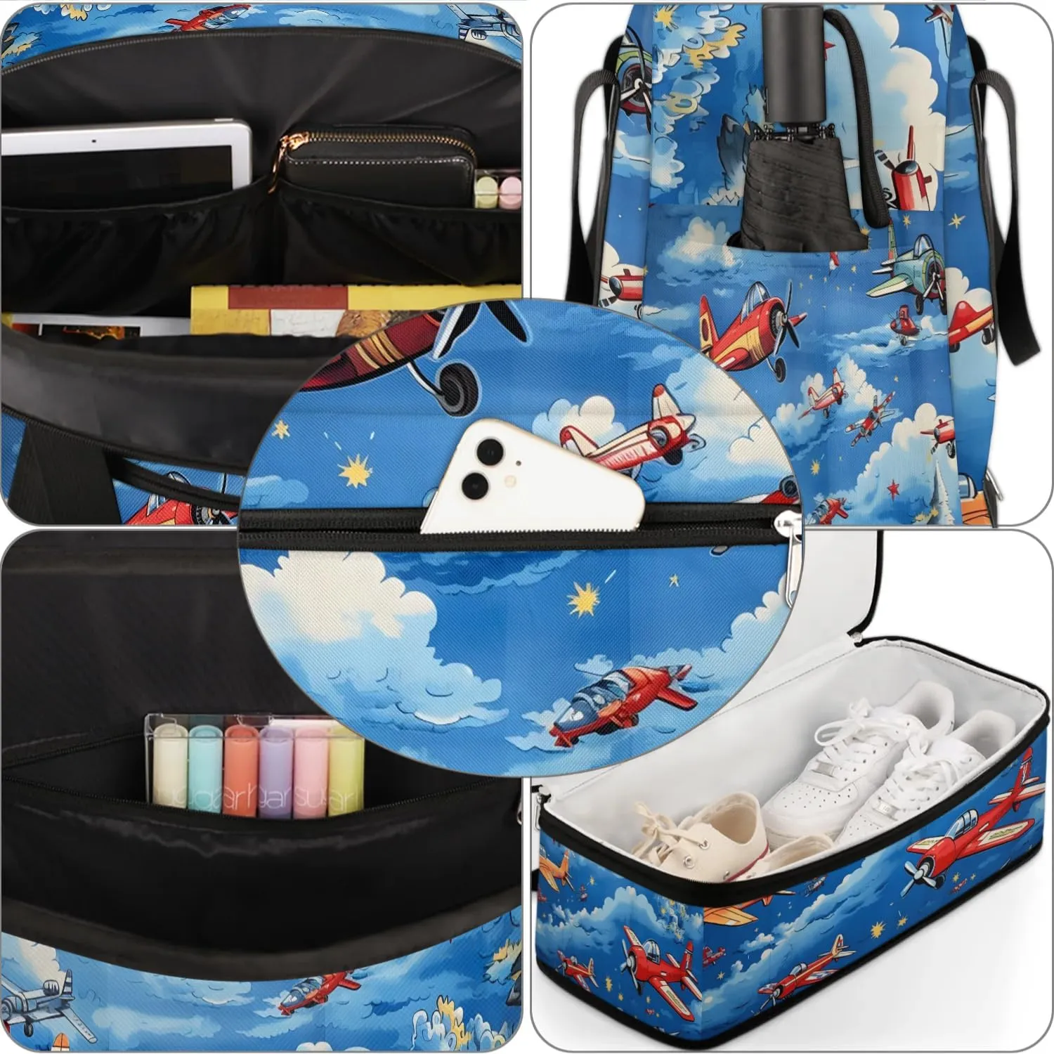 Sports Duffel Bag, Foldable Aircraft Airplane Printed Travel Duffel Bag, Gym Yoga Beach Bag Weekender Overnight Bag with Shoes Compartment for Men Women, Vintage Airplane