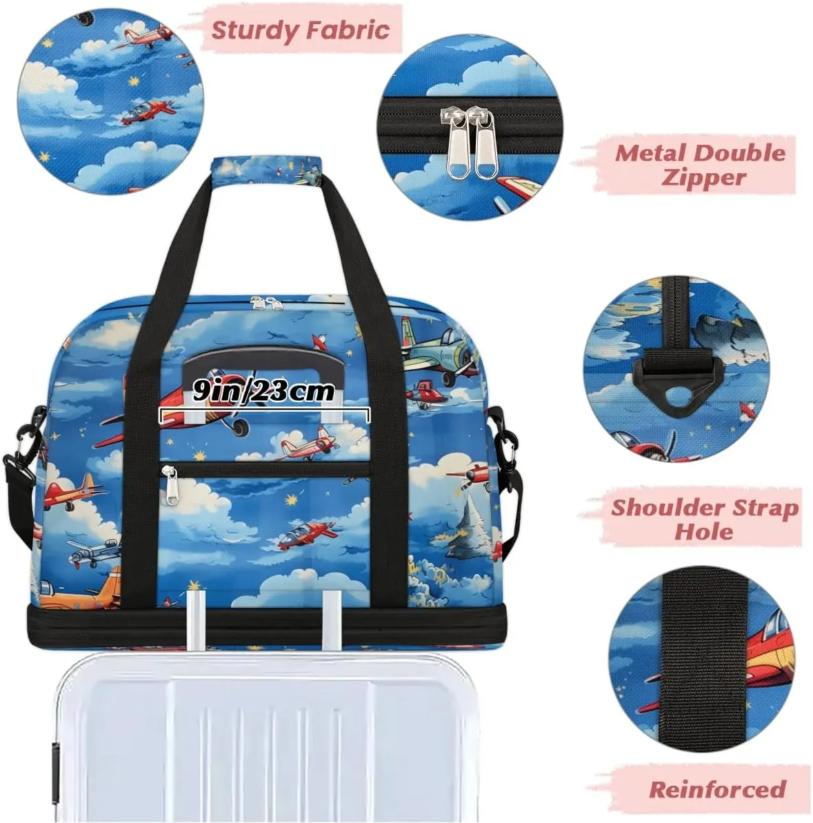 Sports Duffel Bag, Foldable Aircraft Airplane Printed Travel Duffel Bag, Gym Yoga Beach Bag Weekender Overnight Bag with Shoes Compartment for Men Women, Vintage Airplane