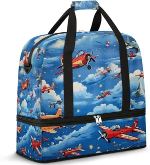 Sports Duffel Bag, Foldable Aircraft Airplane Printed Travel Duffel Bag, Gym Yoga Beach Bag Weekender Overnight Bag with Shoes Compartment for Men Women, Vintage Airplane