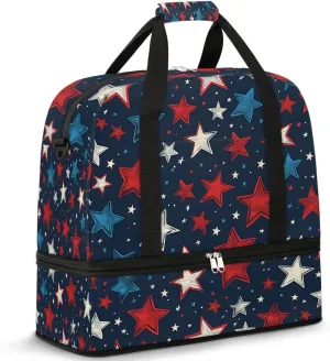 Sports Duffel Bag, Foldable America Memorial Day Stars Travel Duffel Bag, Gym Yoga Beach Bag Weekender Overnight Bag with Shoes Compartment for Men Women, Independence Day