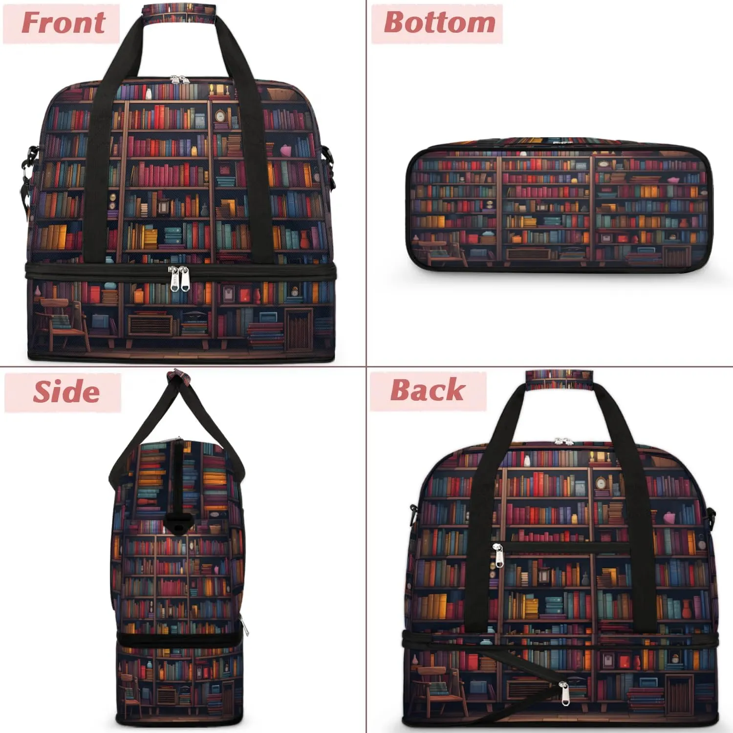 Sports Duffel Bag, Foldable Bookshelf Travel Duffel Bag, Gym Yoga Beach Bag Weekender Overnight Bag with Shoes Compartment for Men Women, Library Books
