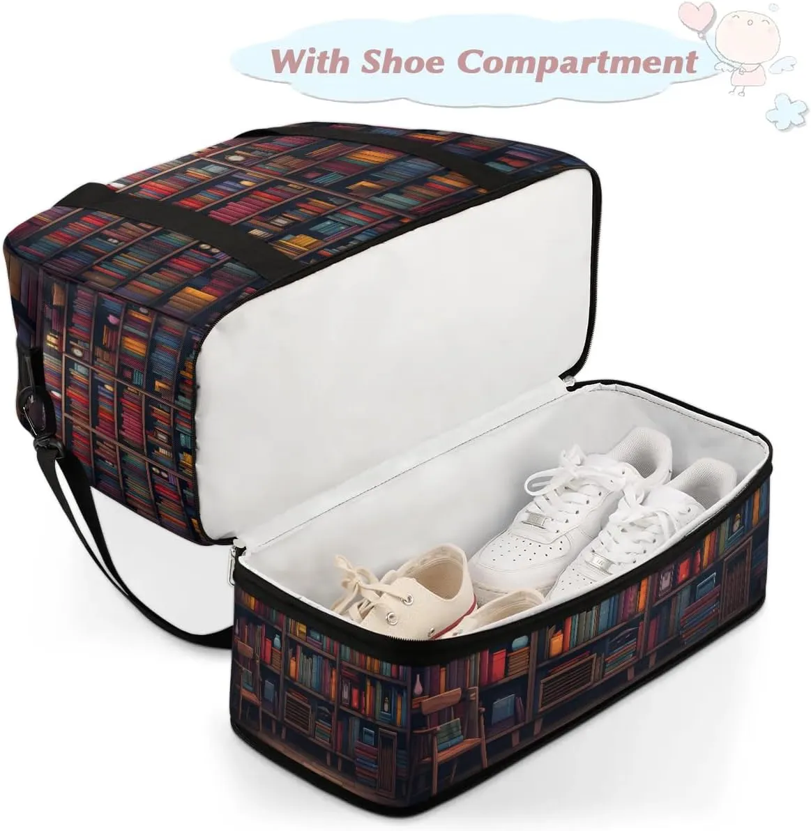 Sports Duffel Bag, Foldable Bookshelf Travel Duffel Bag, Gym Yoga Beach Bag Weekender Overnight Bag with Shoes Compartment for Men Women, Library Books