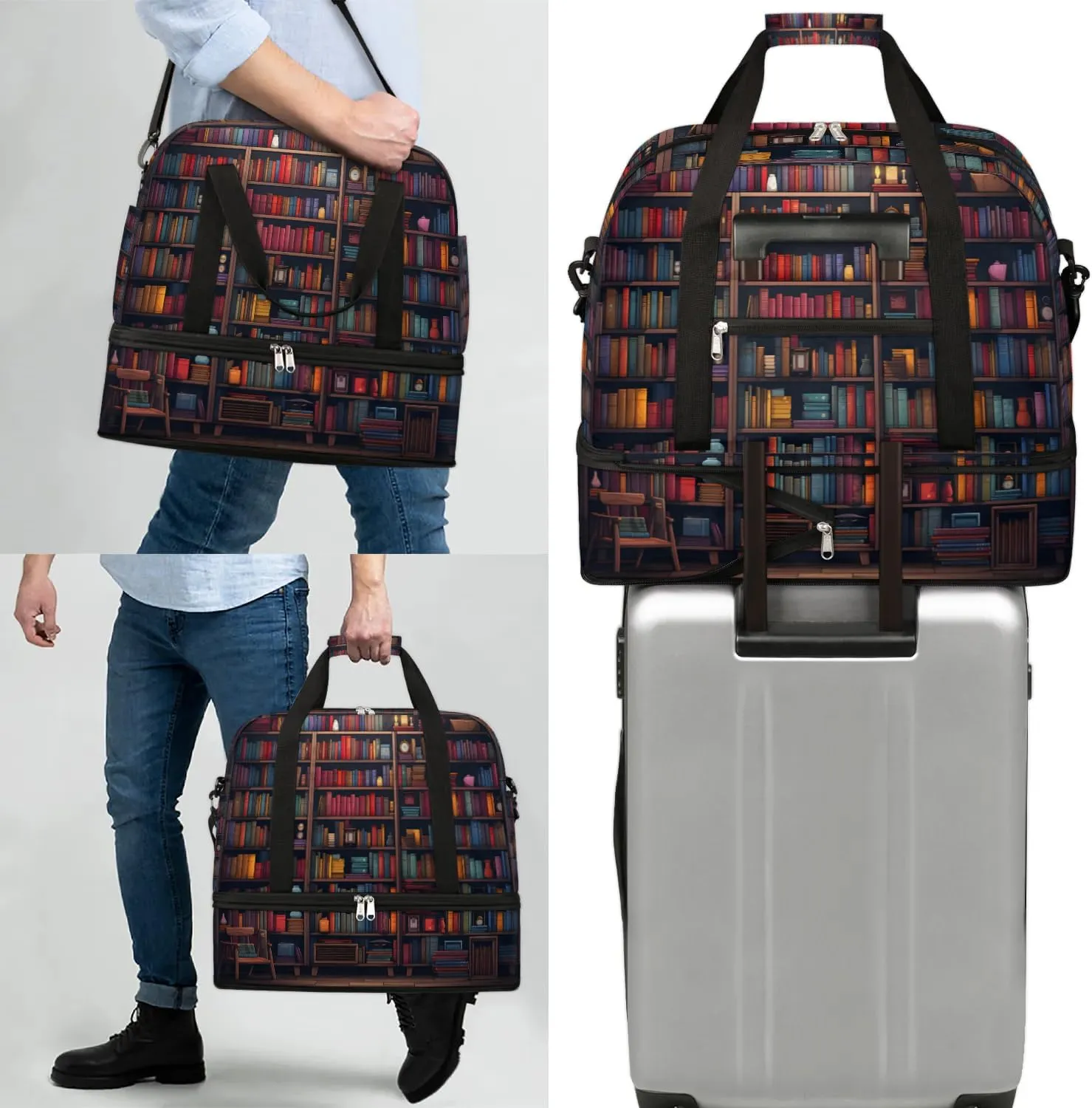 Sports Duffel Bag, Foldable Bookshelf Travel Duffel Bag, Gym Yoga Beach Bag Weekender Overnight Bag with Shoes Compartment for Men Women, Library Books