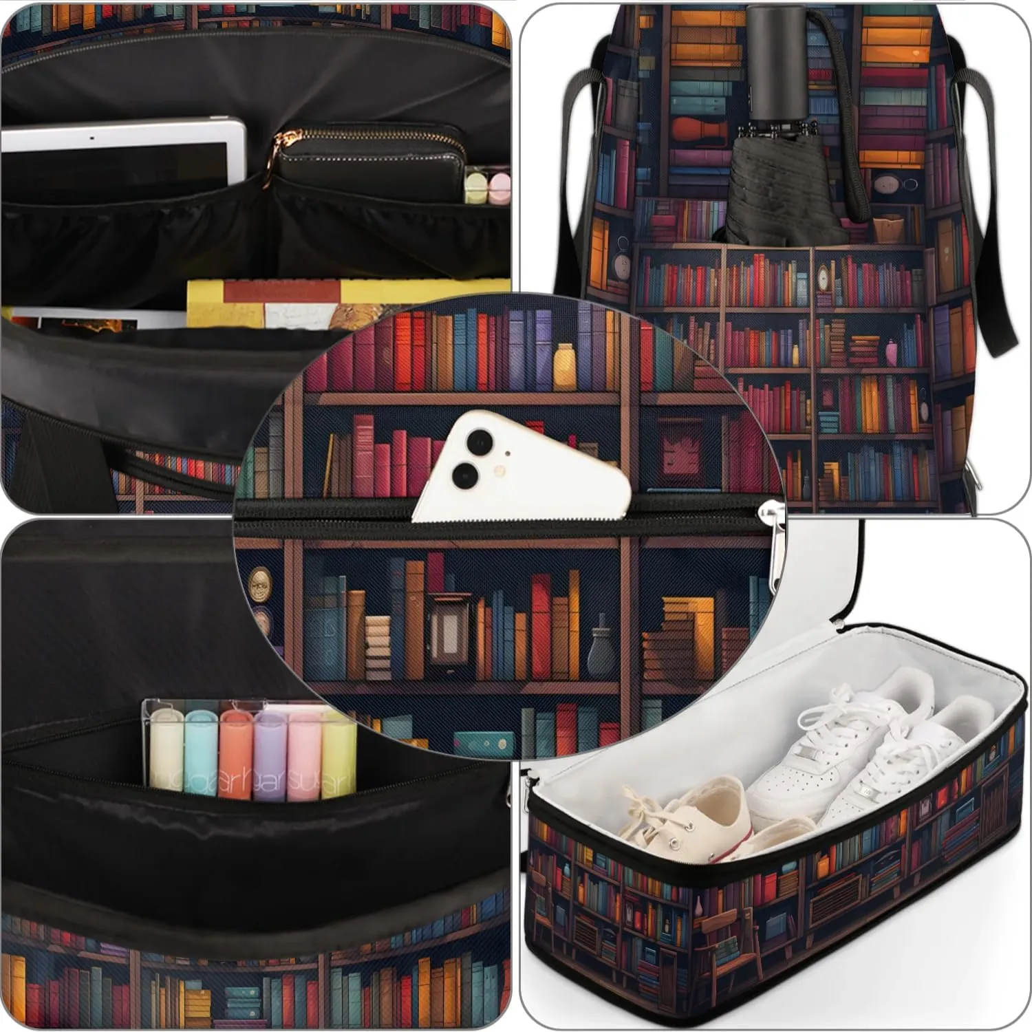 Sports Duffel Bag, Foldable Bookshelf Travel Duffel Bag, Gym Yoga Beach Bag Weekender Overnight Bag with Shoes Compartment for Men Women, Library Books