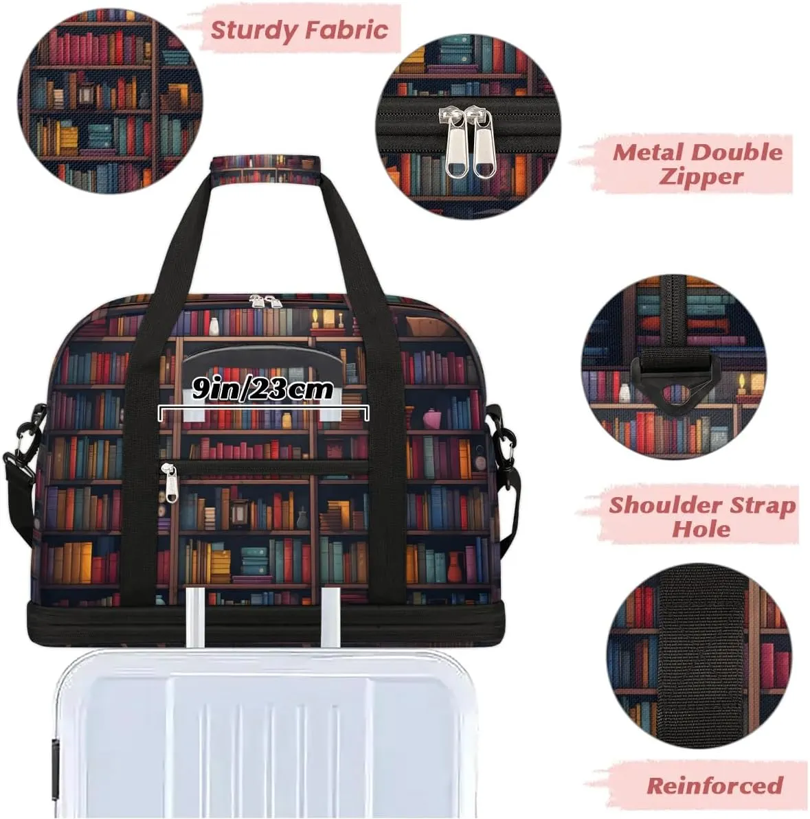 Sports Duffel Bag, Foldable Bookshelf Travel Duffel Bag, Gym Yoga Beach Bag Weekender Overnight Bag with Shoes Compartment for Men Women, Library Books