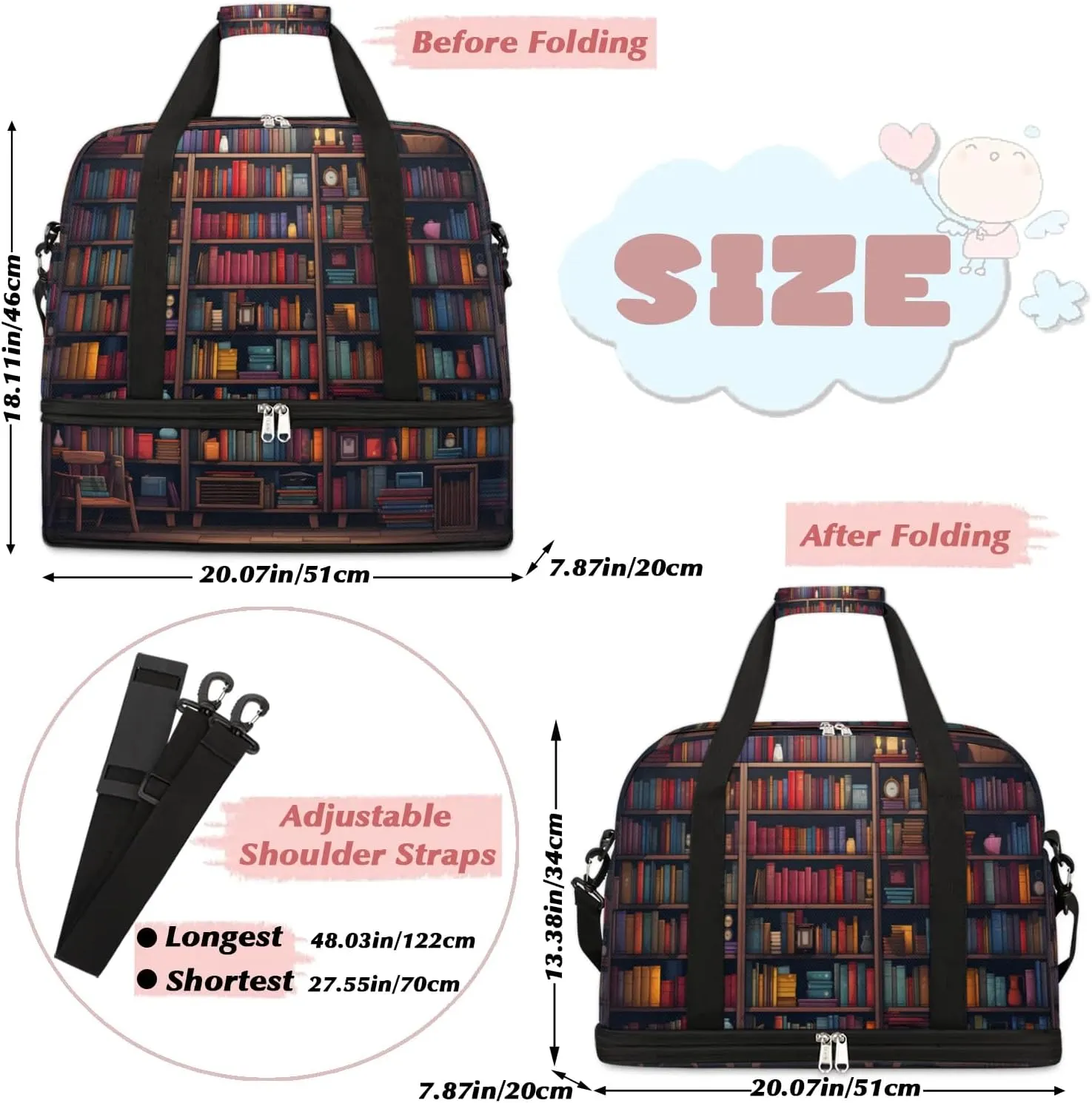 Sports Duffel Bag, Foldable Bookshelf Travel Duffel Bag, Gym Yoga Beach Bag Weekender Overnight Bag with Shoes Compartment for Men Women, Library Books