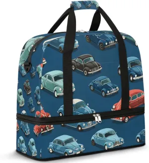Sports Duffel Bag, Foldable Cartoon Cars Travel Duffel Bag, Gym Yoga Beach Bag Weekender Overnight Bag with Shoes Compartment for Men Women, Vintage Cars