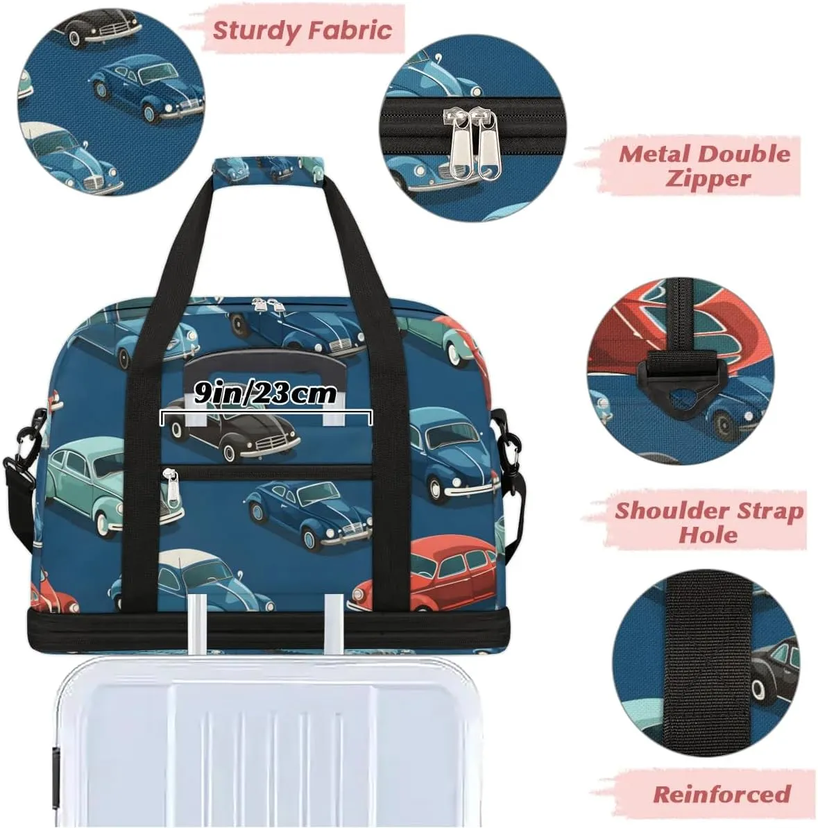 Sports Duffel Bag, Foldable Cartoon Cars Travel Duffel Bag, Gym Yoga Beach Bag Weekender Overnight Bag with Shoes Compartment for Men Women, Vintage Cars