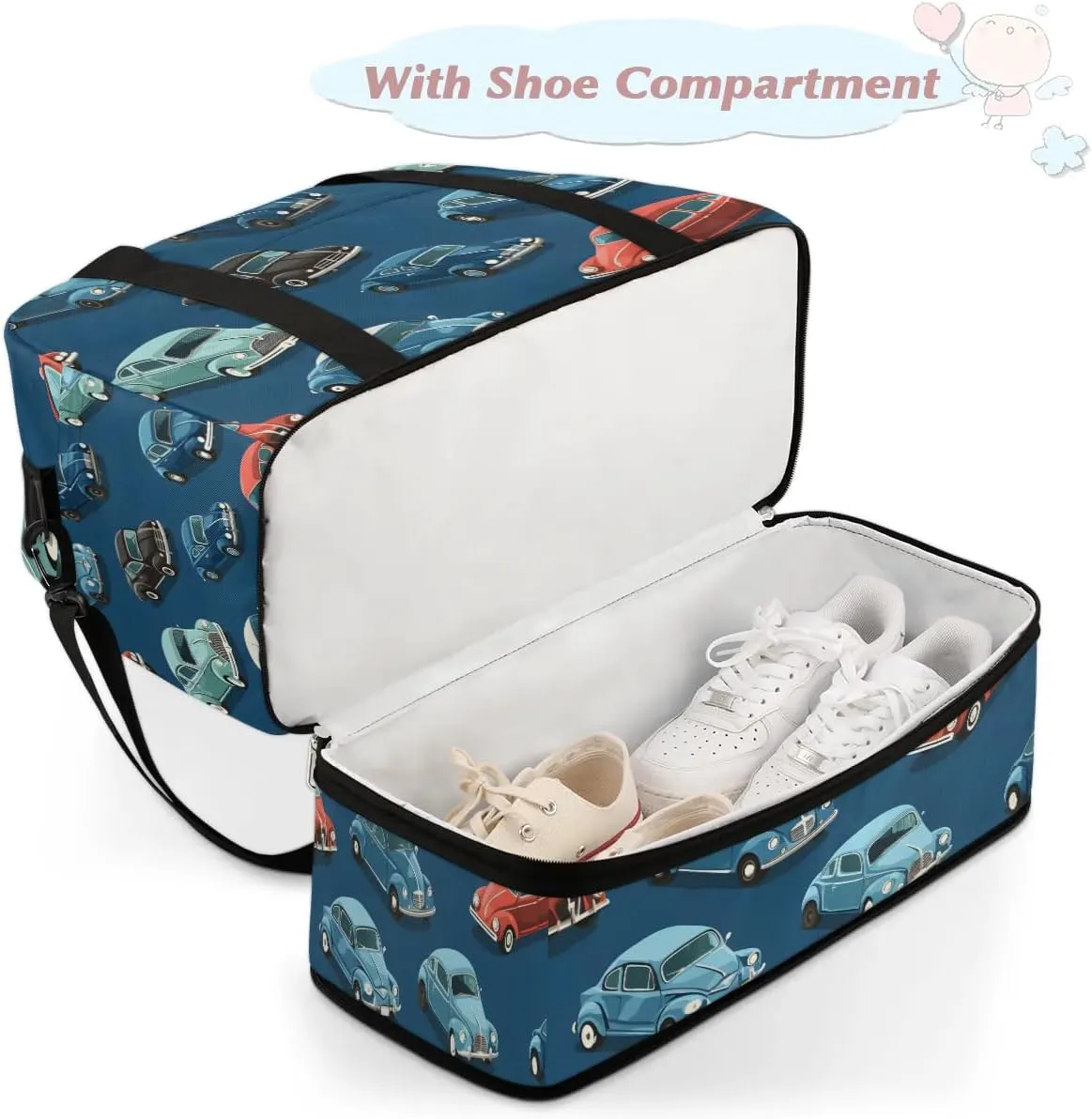 Sports Duffel Bag, Foldable Cartoon Cars Travel Duffel Bag, Gym Yoga Beach Bag Weekender Overnight Bag with Shoes Compartment for Men Women, Vintage Cars