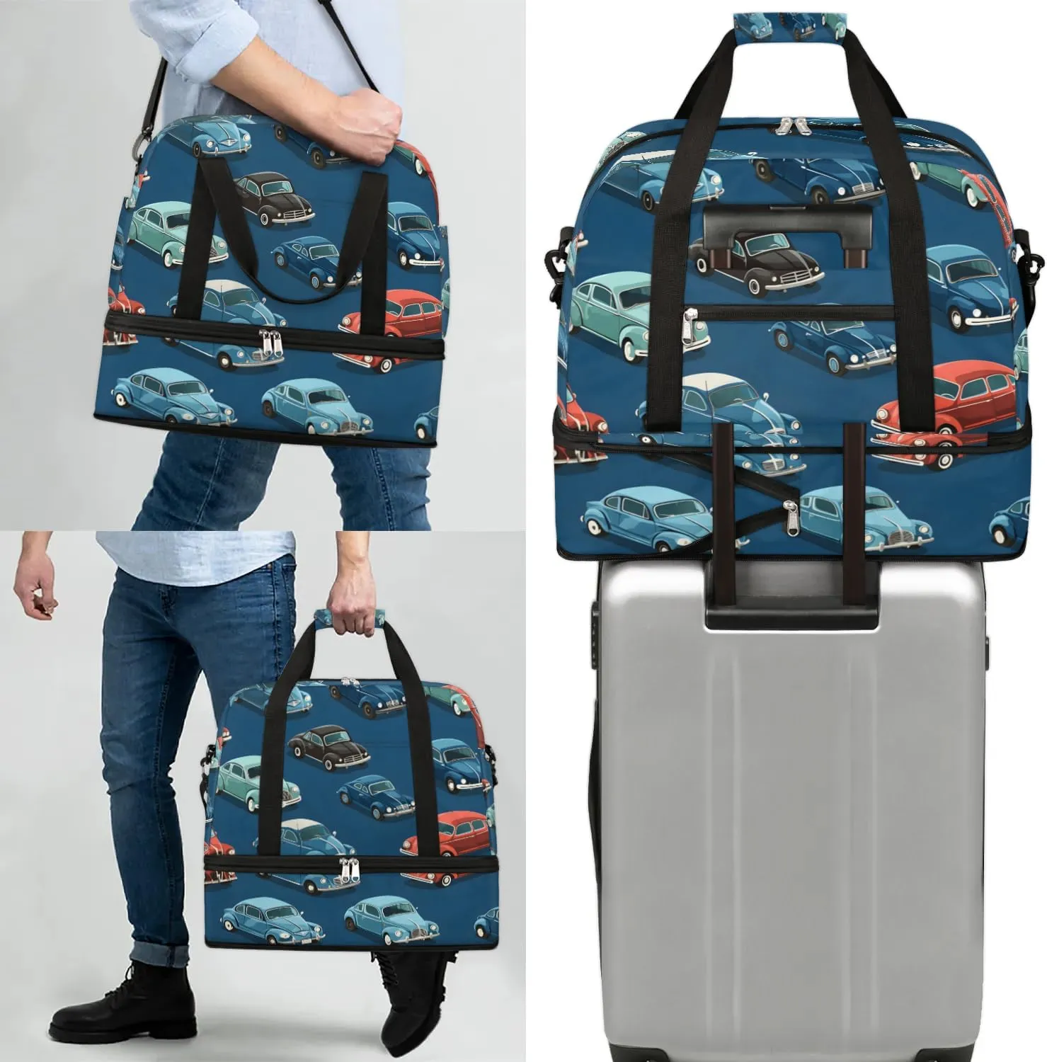 Sports Duffel Bag, Foldable Cartoon Cars Travel Duffel Bag, Gym Yoga Beach Bag Weekender Overnight Bag with Shoes Compartment for Men Women, Vintage Cars