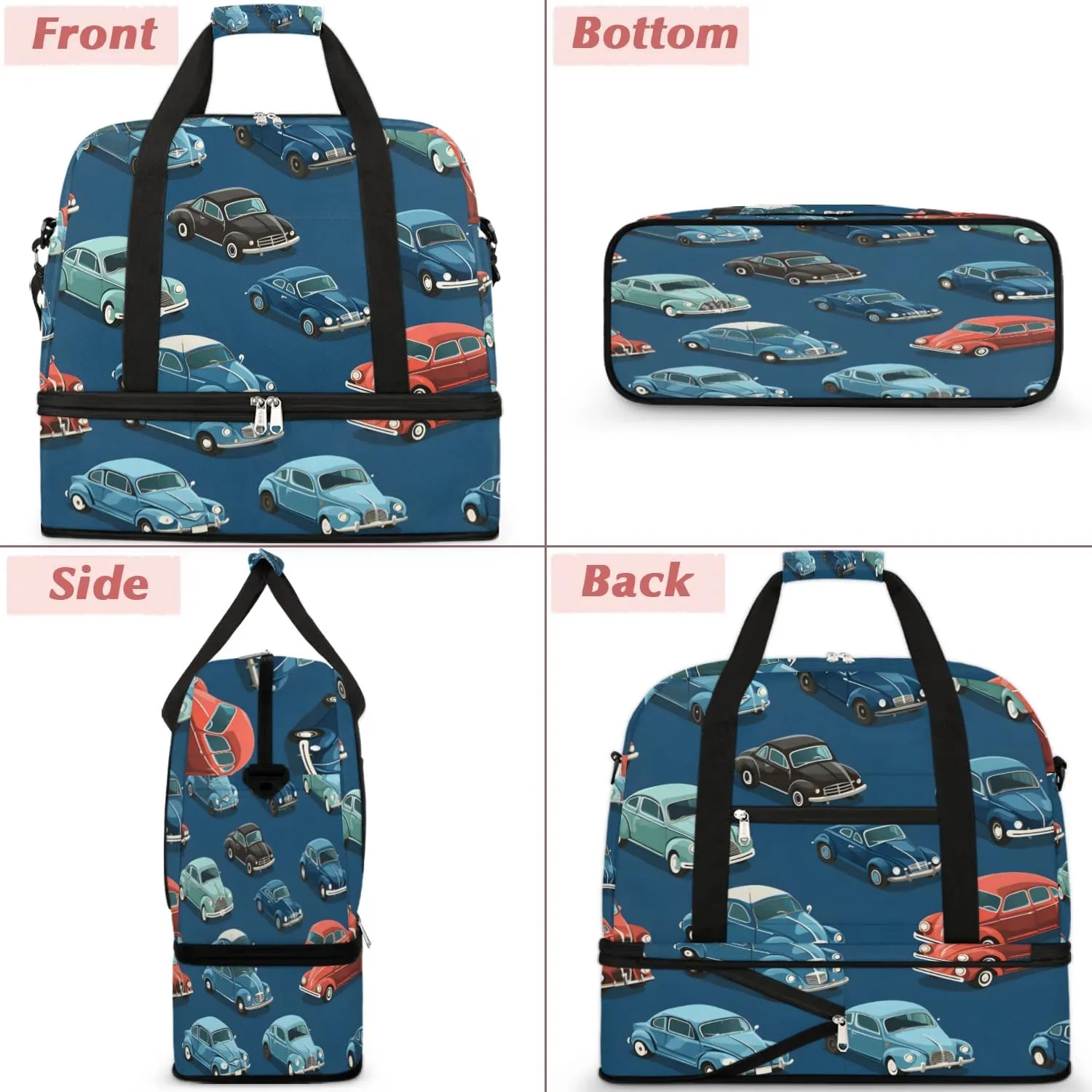 Sports Duffel Bag, Foldable Cartoon Cars Travel Duffel Bag, Gym Yoga Beach Bag Weekender Overnight Bag with Shoes Compartment for Men Women, Vintage Cars