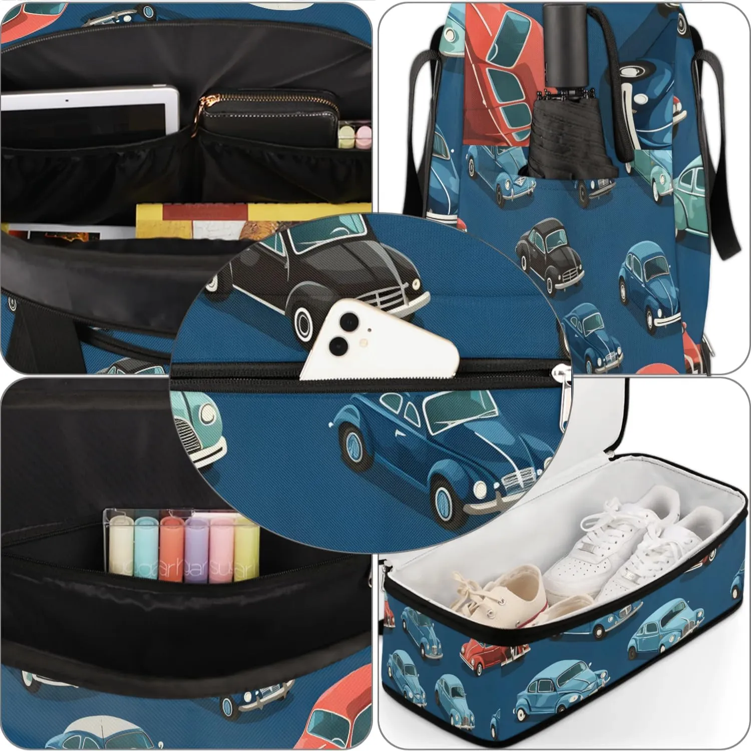 Sports Duffel Bag, Foldable Cartoon Cars Travel Duffel Bag, Gym Yoga Beach Bag Weekender Overnight Bag with Shoes Compartment for Men Women, Vintage Cars