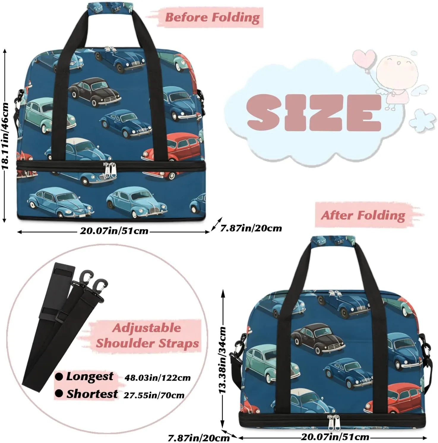 Sports Duffel Bag, Foldable Cartoon Cars Travel Duffel Bag, Gym Yoga Beach Bag Weekender Overnight Bag with Shoes Compartment for Men Women, Vintage Cars