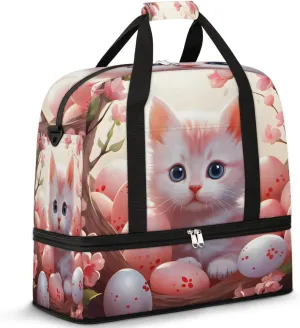 Sports Duffel Bag, Foldable Cat Cartoon Travel Duffel Bag, Gym Yoga Beach Bag Weekender Overnight Bag with Shoes Compartment for Men Women, Cute Eggs
