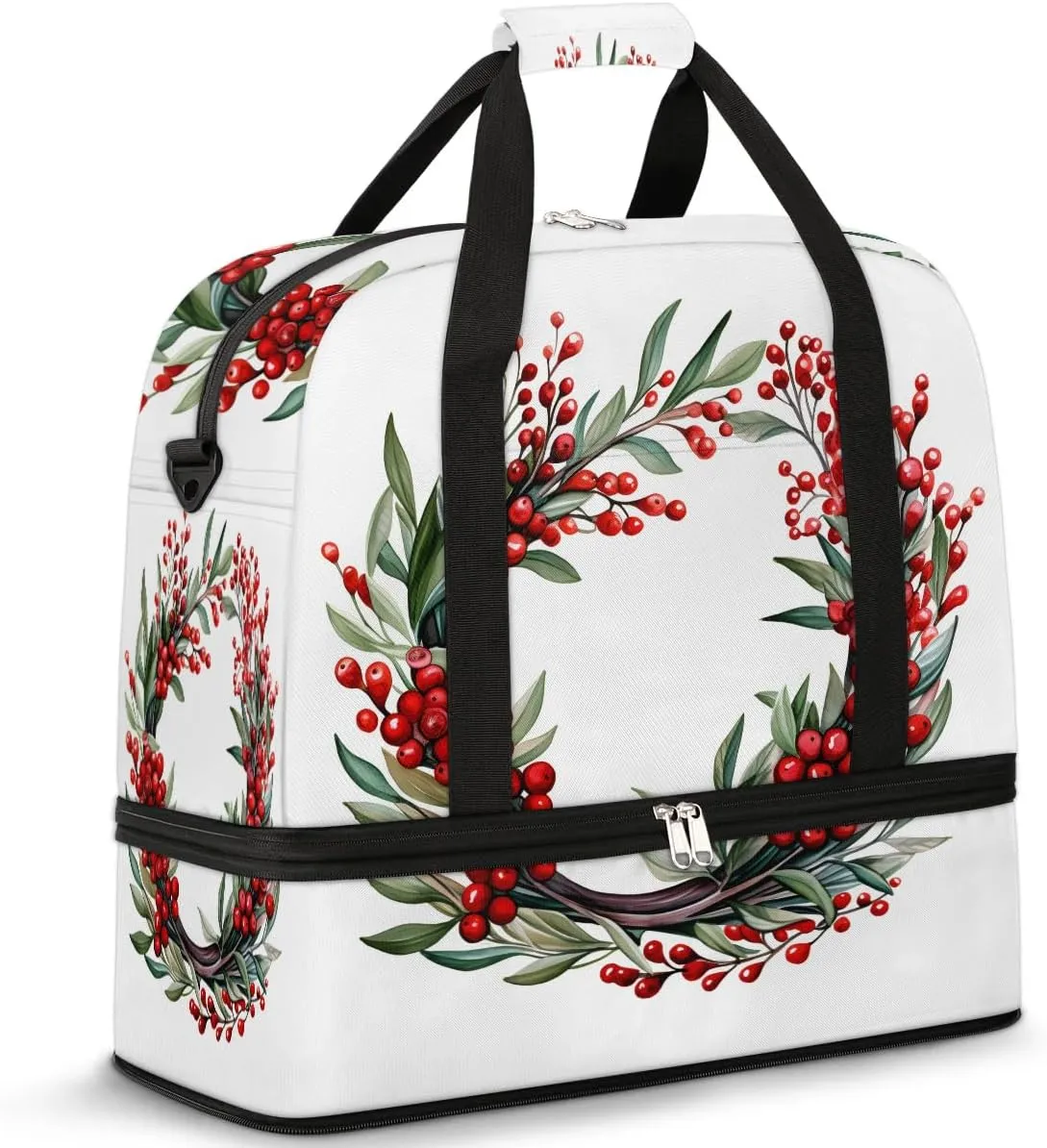 Sports Duffel Bag, Foldable Christmas Berries Travel Duffel Bag, Gym Yoga Beach Bag Weekender Overnight Bag with Shoes Compartment for Men Women, Botanical Garland