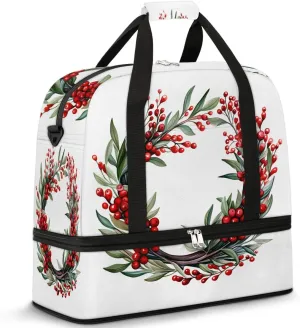 Sports Duffel Bag, Foldable Christmas Berries Travel Duffel Bag, Gym Yoga Beach Bag Weekender Overnight Bag with Shoes Compartment for Men Women, Botanical Garland