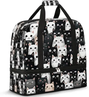 Sports Duffel Bag, Foldable Cute Cat Travel Duffel Bags, Gym Yoga Beach Bag Weekender Overnight Bag with Shoes Compartment for Men, Cat Theme