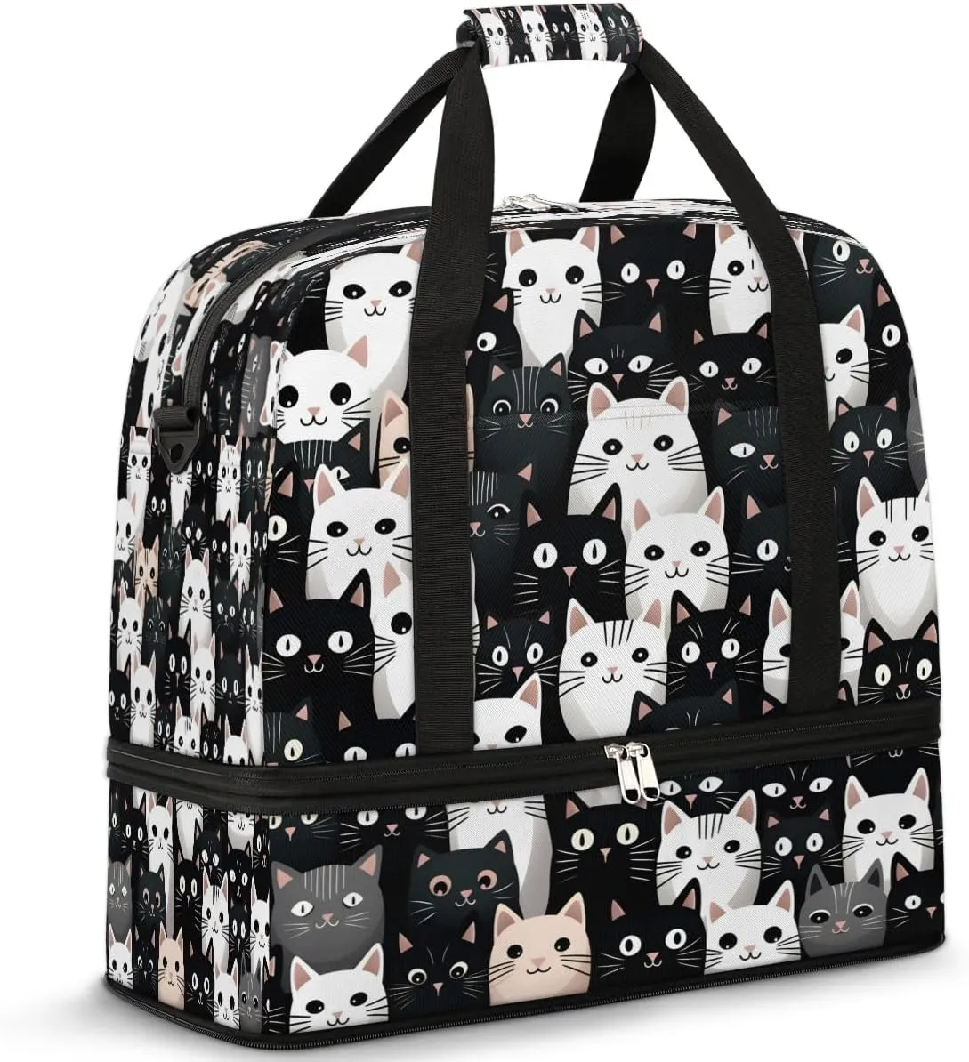 Sports Duffel Bag, Foldable Cute Cat Travel Duffel Bags, Gym Yoga Beach Bag Weekender Overnight Bag with Shoes Compartment for Men, Cat Theme