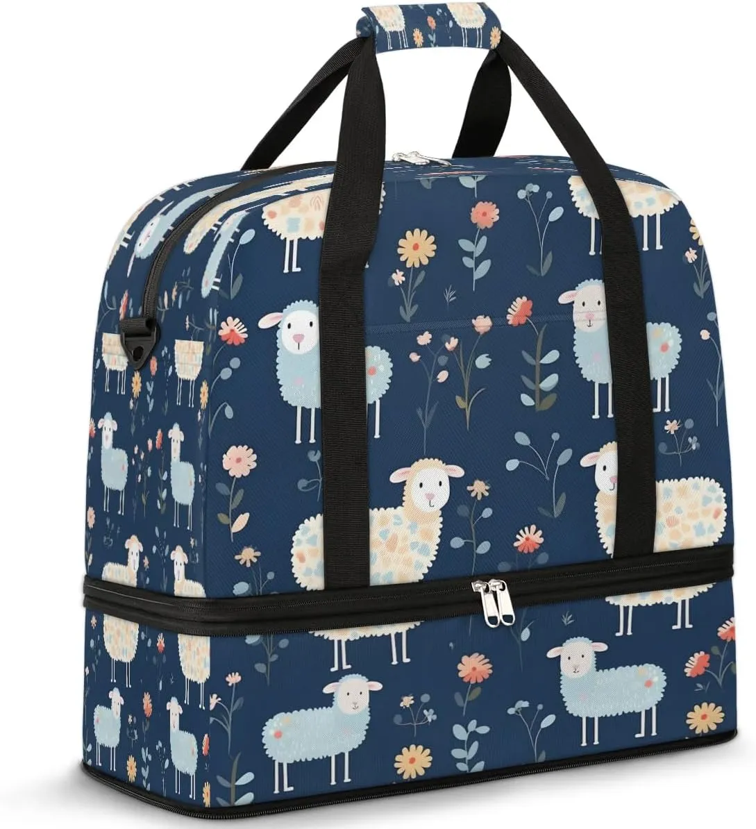 Sports Duffel Bag, Foldable Cute Sheep Travel Duffel Bag, Gym Yoga Beach Bag Weekender Overnight Bag with Shoes Compartment for Men Women, Cartoon Sheep
