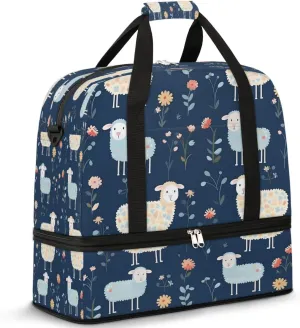 Sports Duffel Bag, Foldable Cute Sheep Travel Duffel Bag, Gym Yoga Beach Bag Weekender Overnight Bag with Shoes Compartment for Men Women, Cartoon Sheep