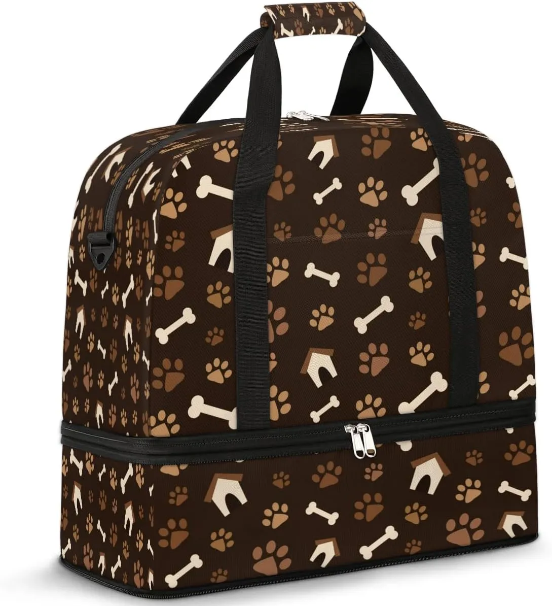 Sports Duffel Bag, Foldable Dog Paw Print Travel Duffel Bag, Gym Yoga Beach Bag Weekender Overnight Bag with Shoes Compartment for Men Women, Footprint with Bones