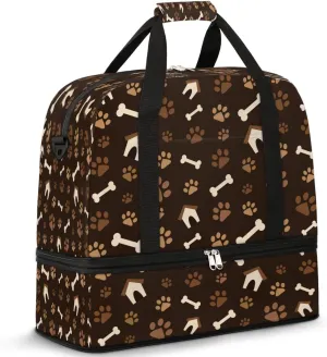 Sports Duffel Bag, Foldable Dog Paw Print Travel Duffel Bag, Gym Yoga Beach Bag Weekender Overnight Bag with Shoes Compartment for Men Women, Footprint with Bones