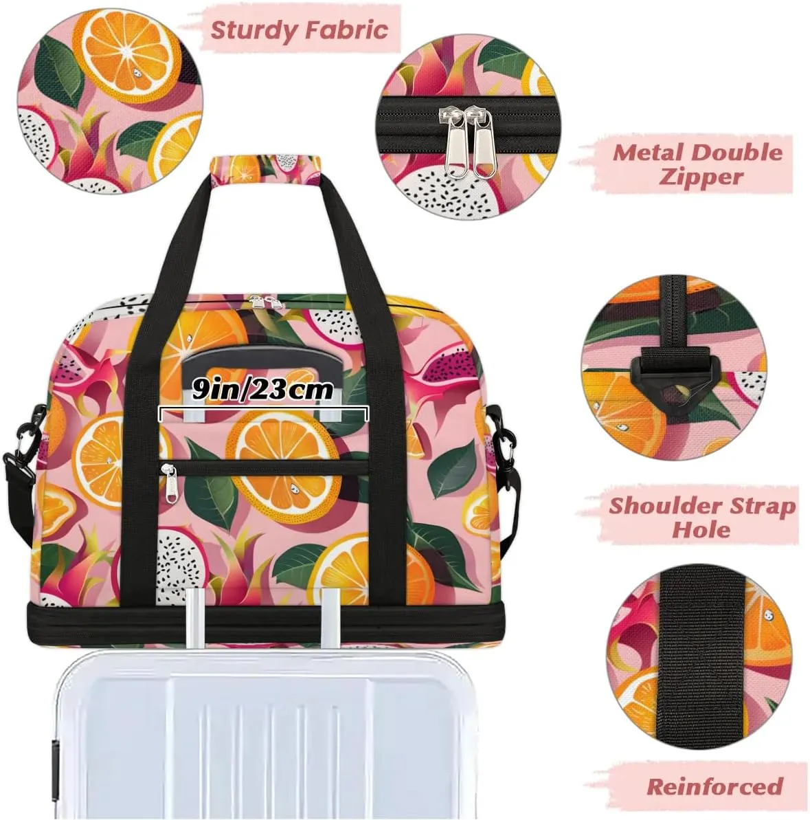 Sports Duffel Bag, Foldable Dragon Fruit Travel Duffel Bag, Gym Yoga Beach Bag Weekender Overnight Bag with Shoes Compartment for Men Women, Oranges