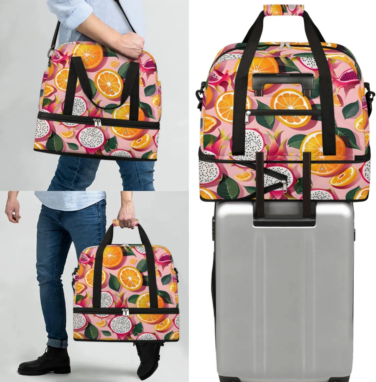 Sports Duffel Bag, Foldable Dragon Fruit Travel Duffel Bag, Gym Yoga Beach Bag Weekender Overnight Bag with Shoes Compartment for Men Women, Oranges