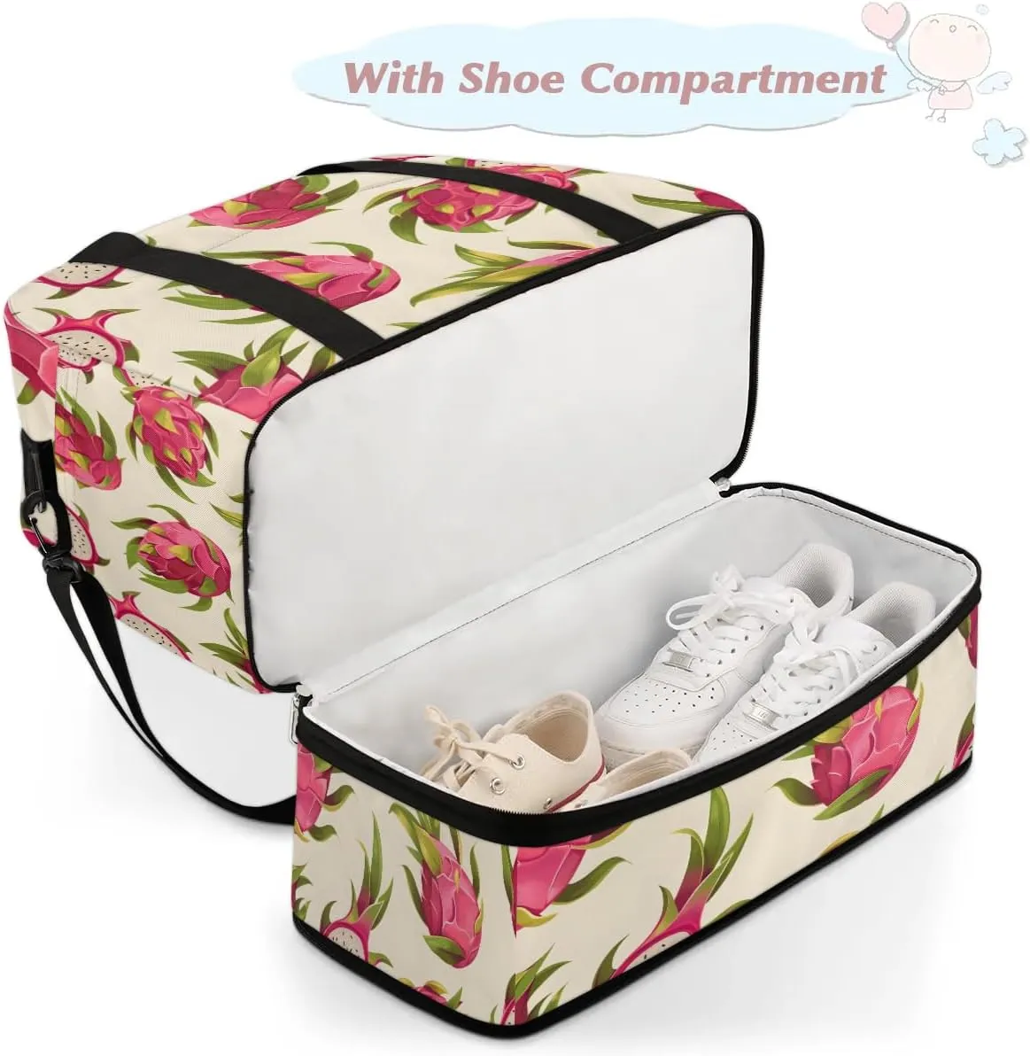 Sports Duffel Bag, Foldable Dragon Fruits Travel Duffel Bag, Gym Yoga Beach Bag Weekender Overnight Bag with Shoes Compartment for Men Women, Summer Romantic
