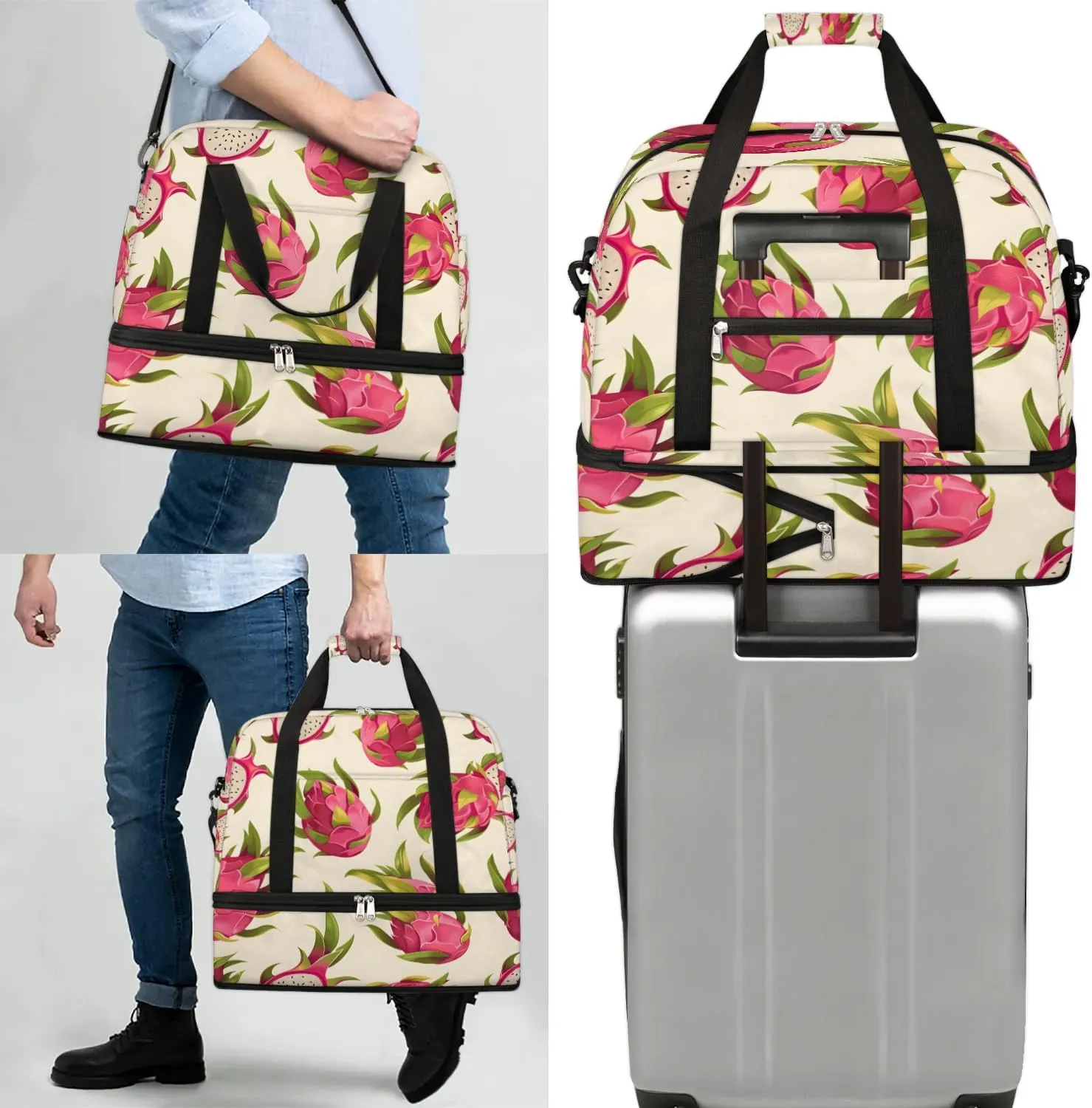 Sports Duffel Bag, Foldable Dragon Fruits Travel Duffel Bag, Gym Yoga Beach Bag Weekender Overnight Bag with Shoes Compartment for Men Women, Summer Romantic