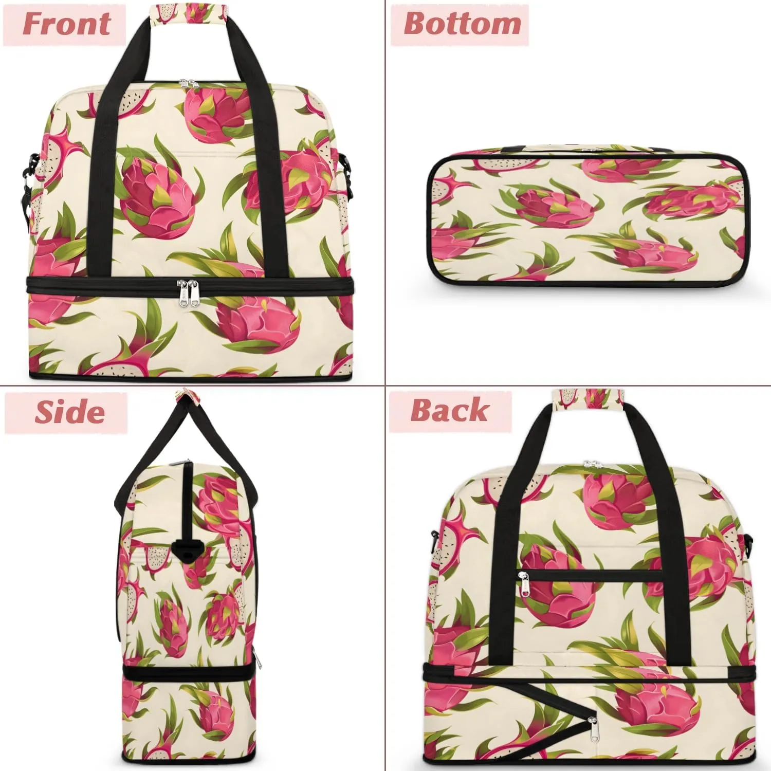 Sports Duffel Bag, Foldable Dragon Fruits Travel Duffel Bag, Gym Yoga Beach Bag Weekender Overnight Bag with Shoes Compartment for Men Women, Summer Romantic