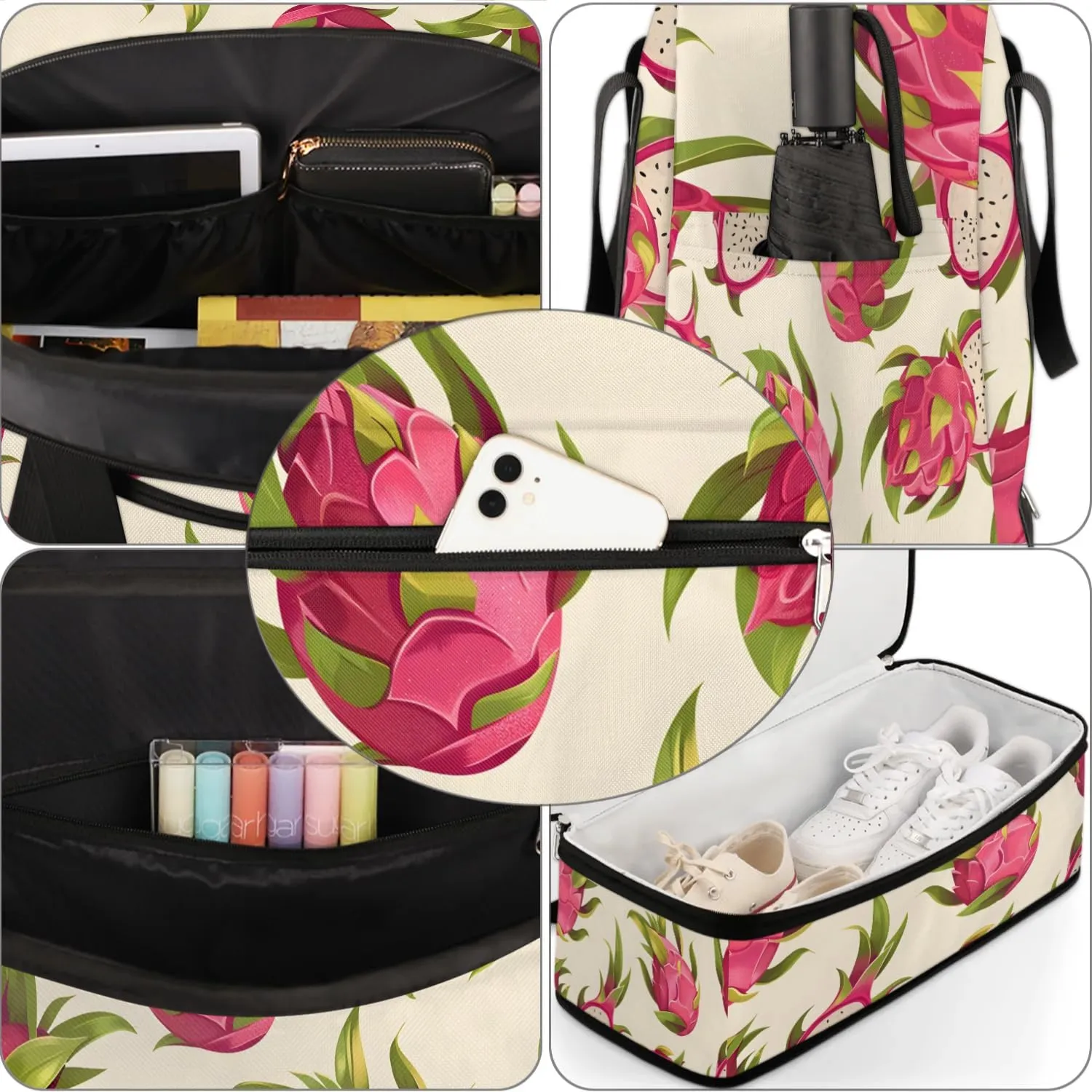 Sports Duffel Bag, Foldable Dragon Fruits Travel Duffel Bag, Gym Yoga Beach Bag Weekender Overnight Bag with Shoes Compartment for Men Women, Summer Romantic