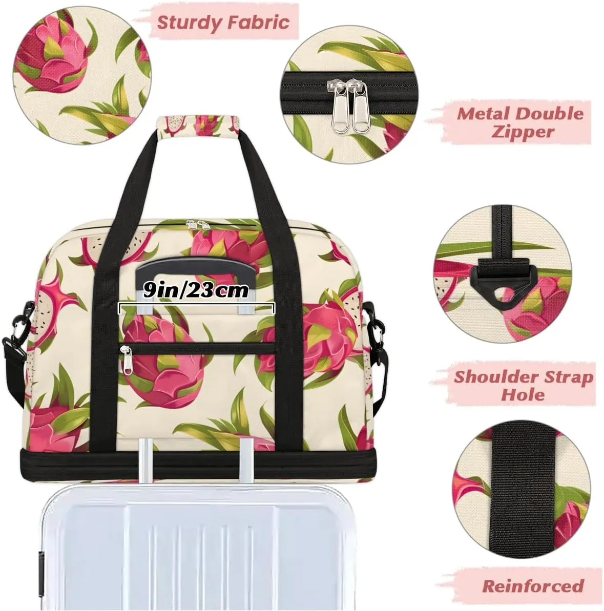 Sports Duffel Bag, Foldable Dragon Fruits Travel Duffel Bag, Gym Yoga Beach Bag Weekender Overnight Bag with Shoes Compartment for Men Women, Summer Romantic