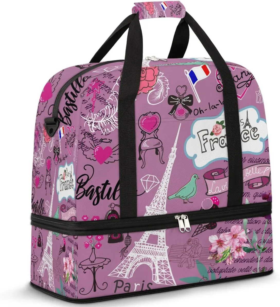Sports Duffel Bag, Foldable Eiffel Tower Travel Duffel Bag, Gym Yoga Beach Bag Weekender Overnight Bag with Shoes Compartment for Men Women, Abstract France Paris Flowers