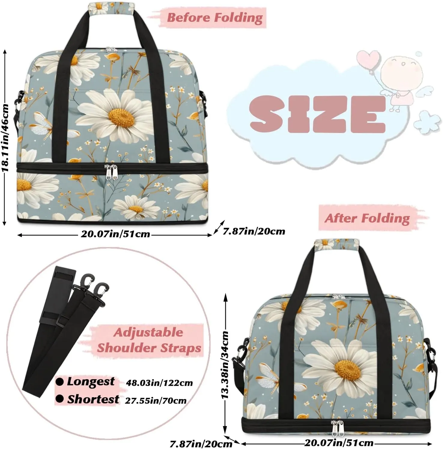Sports Duffel Bag, Foldable Farmhouse Floral Travel Duffel Bag, Gym Yoga Beach Bag Weekender Overnight Bag with Shoes Compartment for Men Women, Spring Daisy