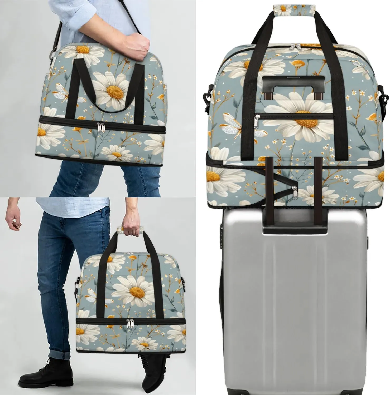 Sports Duffel Bag, Foldable Farmhouse Floral Travel Duffel Bag, Gym Yoga Beach Bag Weekender Overnight Bag with Shoes Compartment for Men Women, Spring Daisy