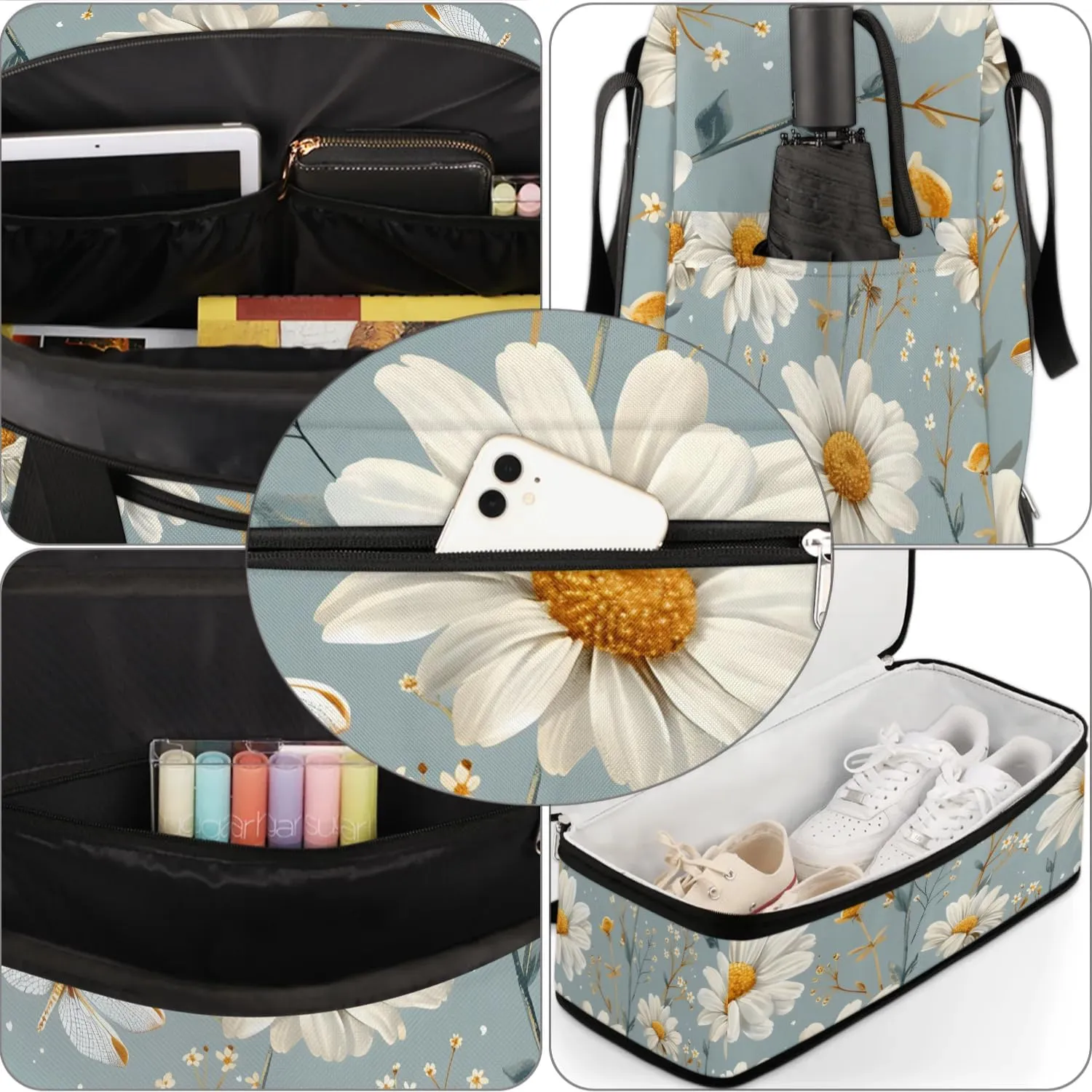 Sports Duffel Bag, Foldable Farmhouse Floral Travel Duffel Bag, Gym Yoga Beach Bag Weekender Overnight Bag with Shoes Compartment for Men Women, Spring Daisy