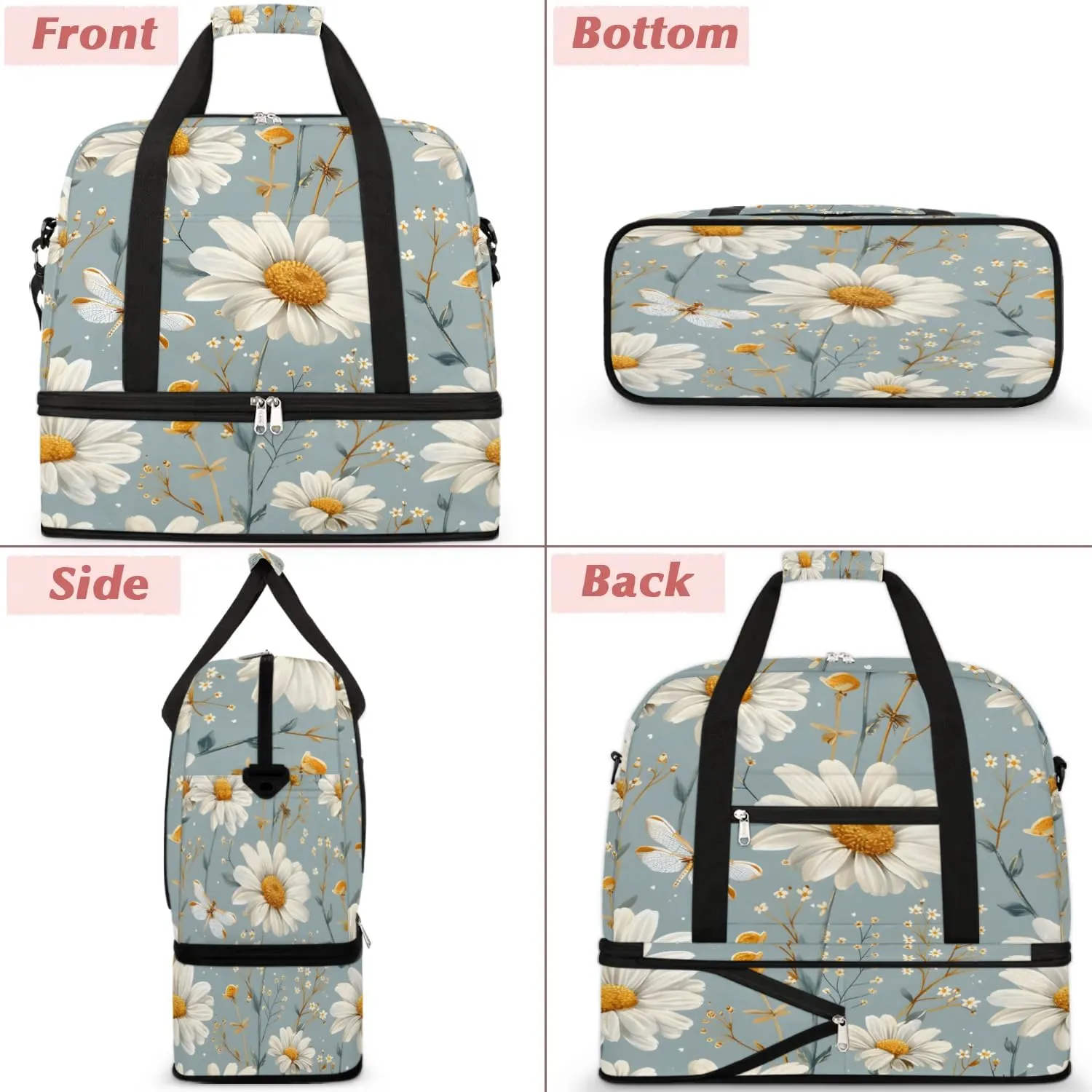 Sports Duffel Bag, Foldable Farmhouse Floral Travel Duffel Bag, Gym Yoga Beach Bag Weekender Overnight Bag with Shoes Compartment for Men Women, Spring Daisy