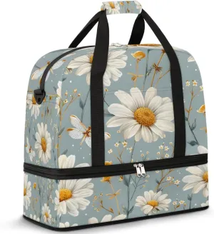 Sports Duffel Bag, Foldable Farmhouse Floral Travel Duffel Bag, Gym Yoga Beach Bag Weekender Overnight Bag with Shoes Compartment for Men Women, Spring Daisy
