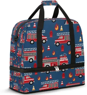 Sports Duffel Bag, Foldable Fire Engines Travel Duffel Bag, Gym Yoga Beach Bag Weekender Overnight Bag with Shoes Compartment for Men Women, Cartoon Truck