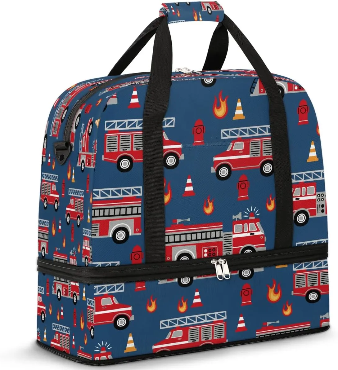 Sports Duffel Bag, Foldable Fire Engines Travel Duffel Bag, Gym Yoga Beach Bag Weekender Overnight Bag with Shoes Compartment for Men Women, Cartoon Truck