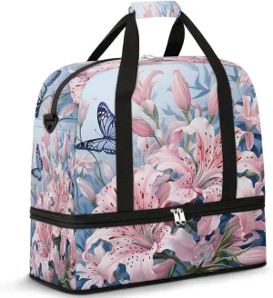 Sports Duffel Bag, Foldable Flower Butterfly Travel Duffel Bag, Gym Yoga Beach Bag Weekender Overnight Bag with Shoes Compartment for Men Women, Spring Lily Flower