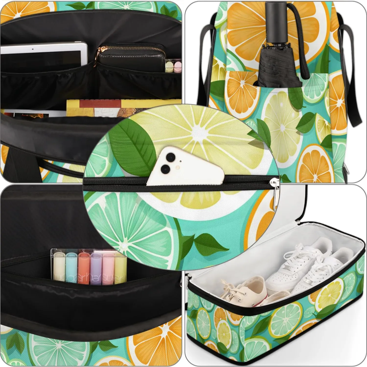 Sports Duffel Bag, Foldable Green Lemon Travel Duffel Bag, Gym Yoga Beach Bag Weekender Overnight Bag with Shoes Compartment for Men Women, Lemon Fruit