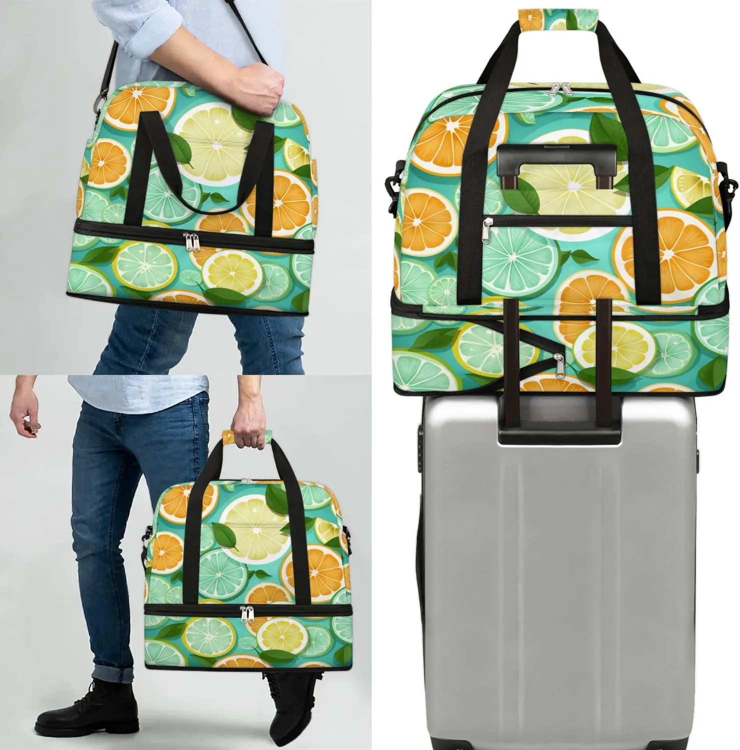 Sports Duffel Bag, Foldable Green Lemon Travel Duffel Bag, Gym Yoga Beach Bag Weekender Overnight Bag with Shoes Compartment for Men Women, Lemon Fruit