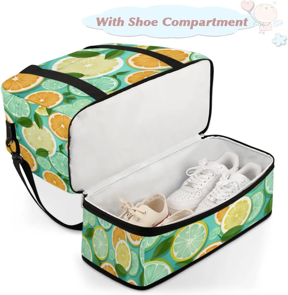 Sports Duffel Bag, Foldable Green Lemon Travel Duffel Bag, Gym Yoga Beach Bag Weekender Overnight Bag with Shoes Compartment for Men Women, Lemon Fruit