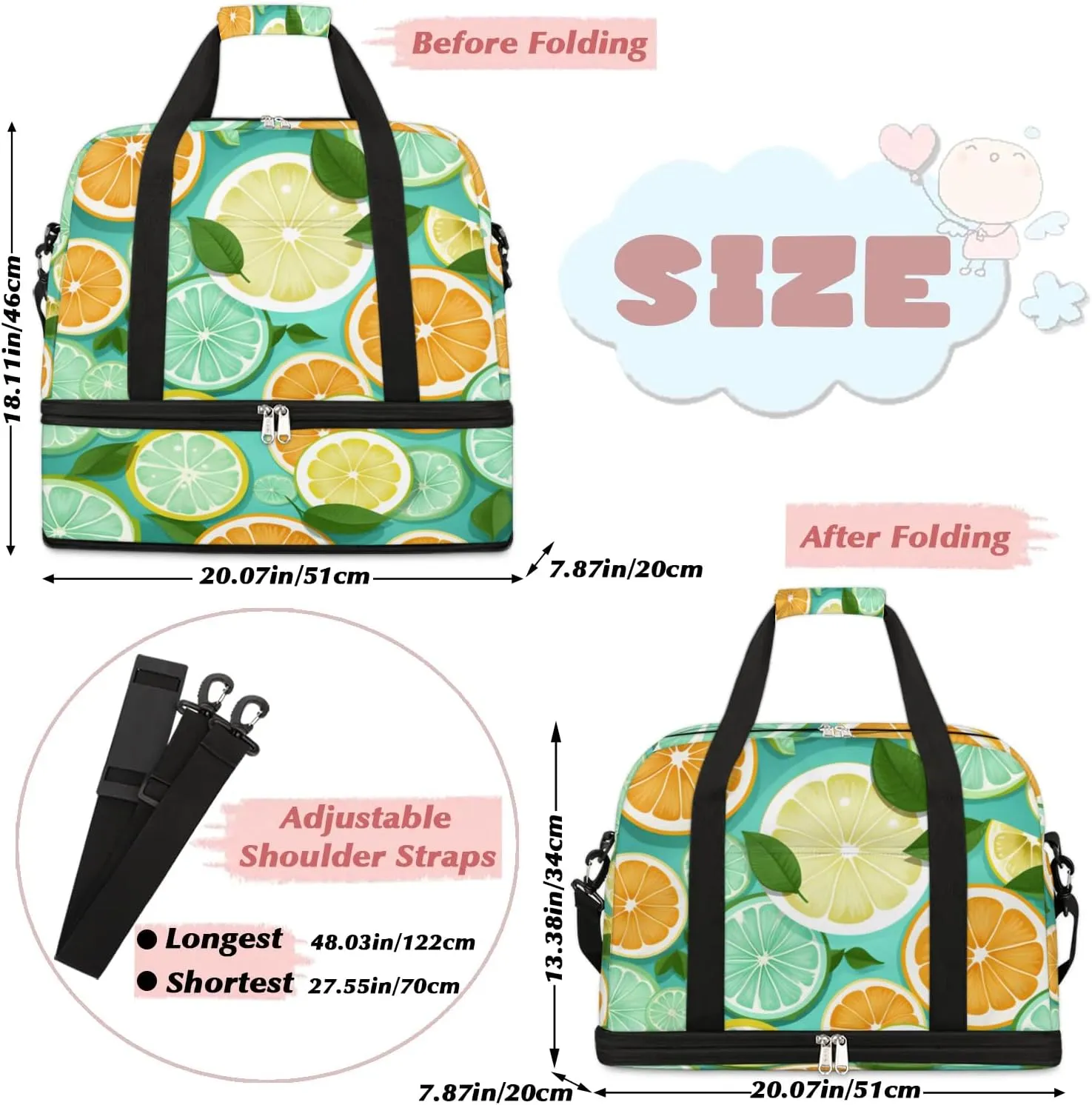Sports Duffel Bag, Foldable Green Lemon Travel Duffel Bag, Gym Yoga Beach Bag Weekender Overnight Bag with Shoes Compartment for Men Women, Lemon Fruit