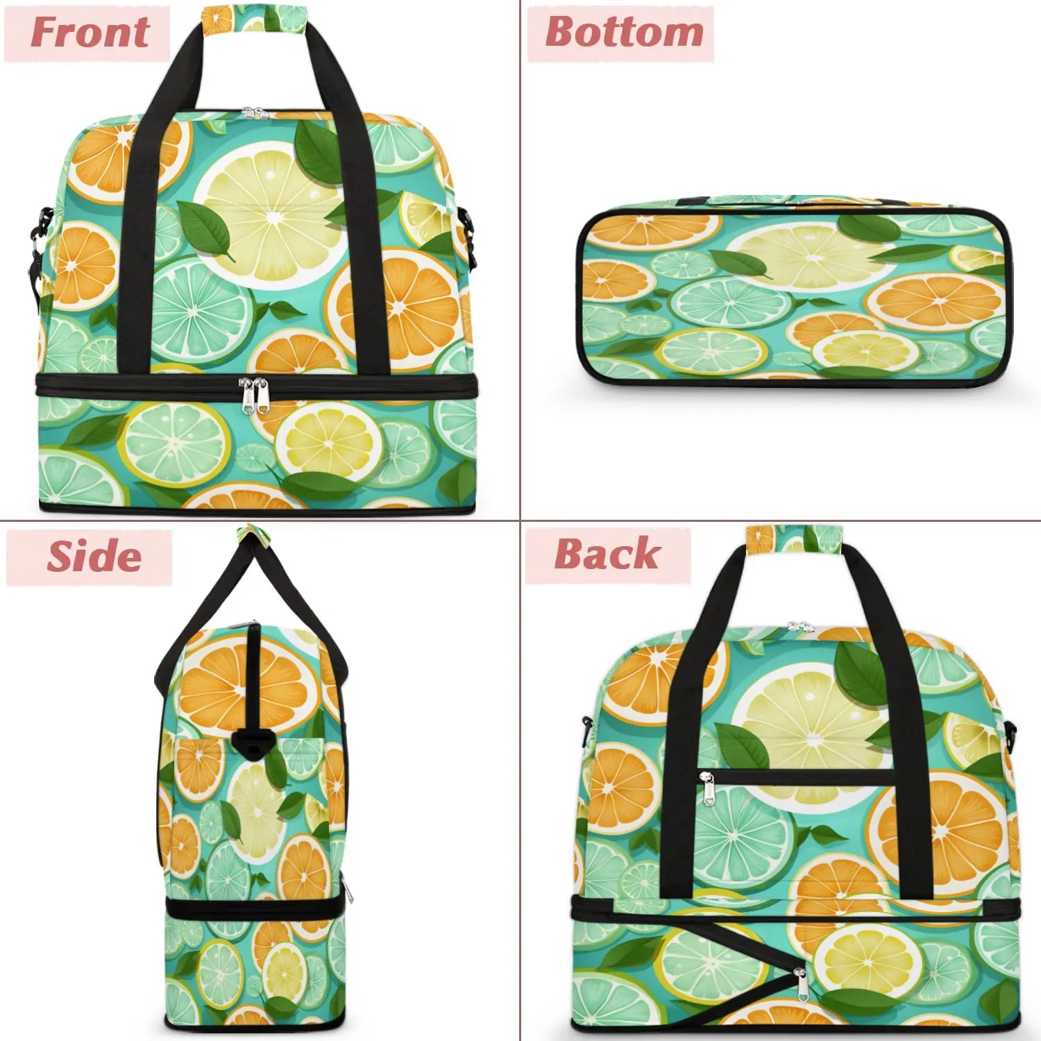 Sports Duffel Bag, Foldable Green Lemon Travel Duffel Bag, Gym Yoga Beach Bag Weekender Overnight Bag with Shoes Compartment for Men Women, Lemon Fruit