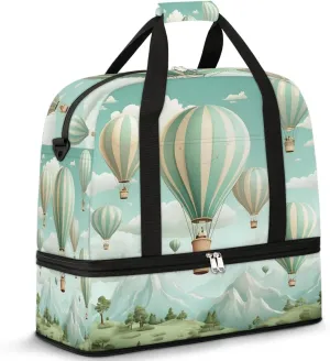 Sports Duffel Bag, Foldable Hot Air Balloons Travel Duffel Bag, Gym Yoga Beach Bag Weekender Overnight Bag with Shoes Compartment for Men Women, Watercolor Hot Air Balloons