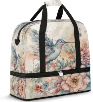 Sports Duffel Bag, Foldable Hummingbird Travel Duffel Bag, Gym Yoga Beach Bag Weekender Overnight Bag with Shoes Compartment for Men Women, Spring Flowers